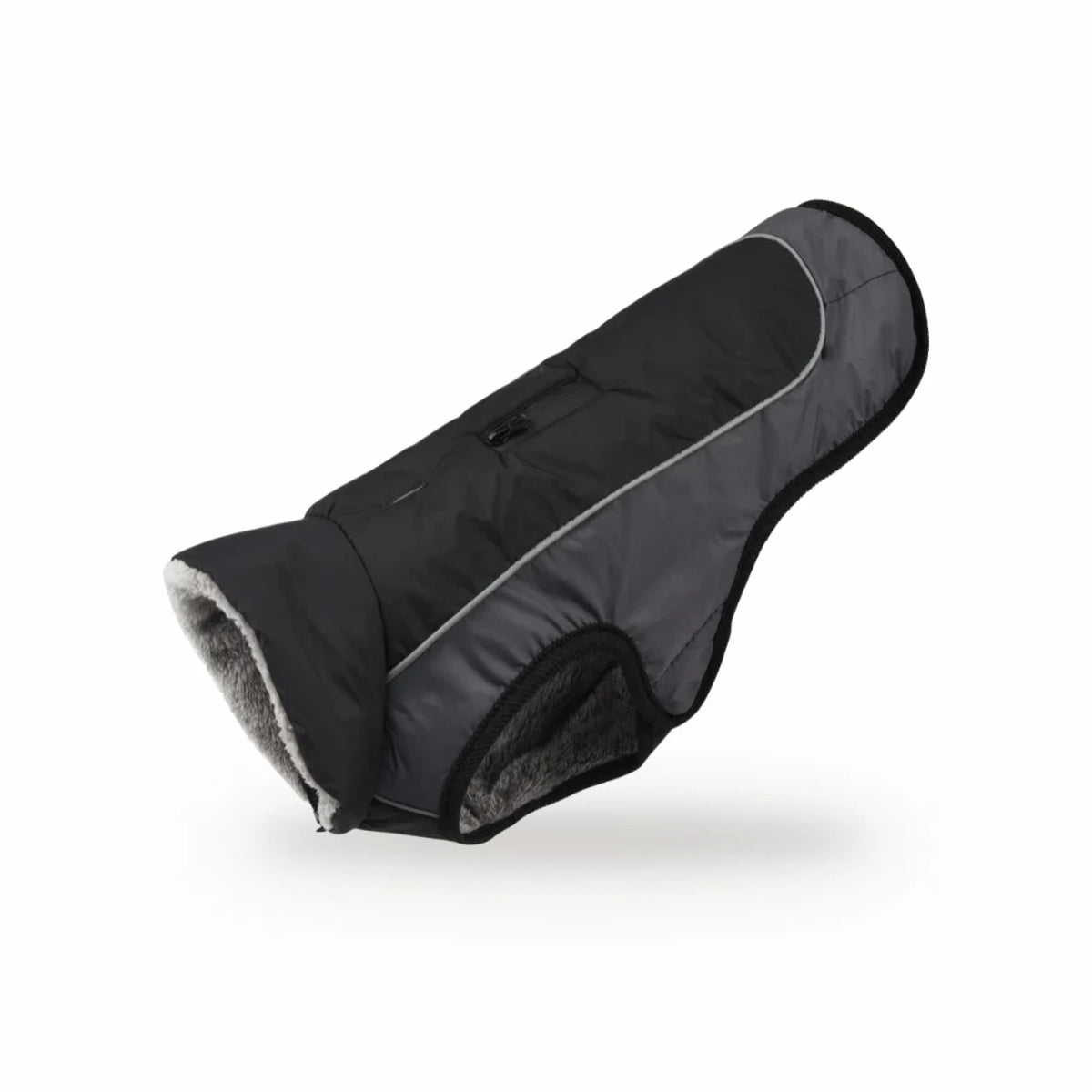 The Half Six padded dog coat in black, with fur collar and reflective trim