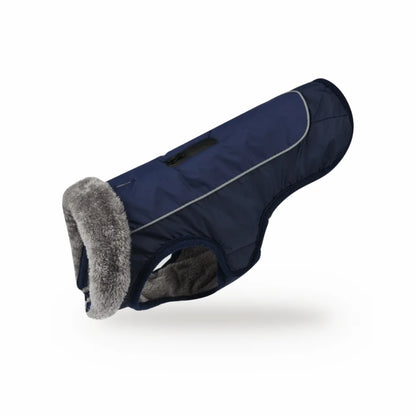 The Half Six padded dog coat in navy, with fur collar and reflective trim