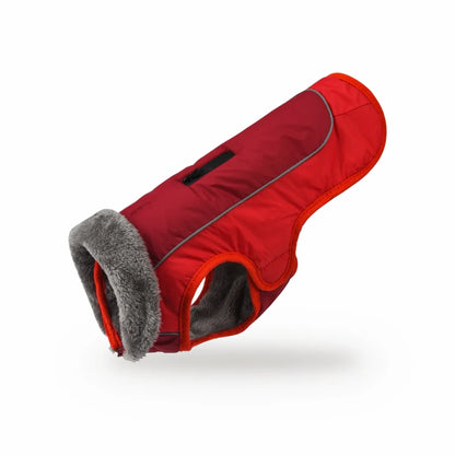The Half Six padded dog coat in red, with fur collar and reflective trim