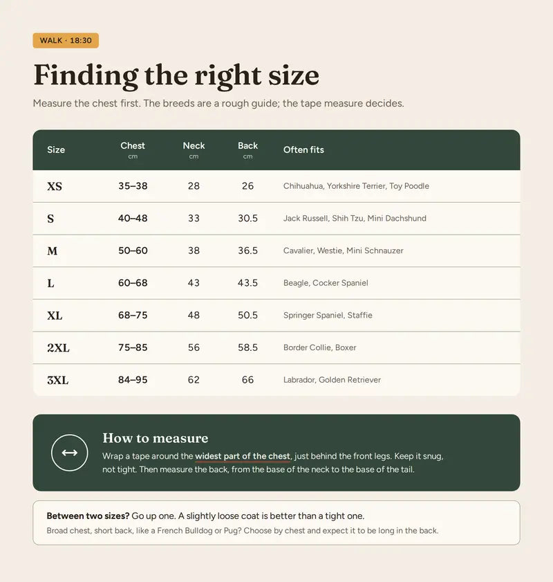 The Half Six size guide: chest, neck and back measurements for sizes XS to 3XL